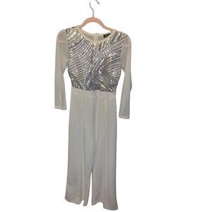 Love University Sequin Mesh Jumpsuit Cropped Wide Leg White M dressy long sleeve